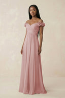 Pleated Off - the - Shoulder A - Line Chiffon Bridesmaid Dress in Dusty Rose - KissProm Bridesmaid Dresses