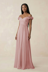 Pleated Off - the - Shoulder A - Line Chiffon Bridesmaid Dress in Dusty Rose - KissProm Bridesmaid Dresses