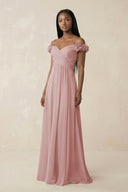 Pleated Off - the - Shoulder A - Line Chiffon Bridesmaid Dress in Dusty Rose - KissProm Bridesmaid Dresses