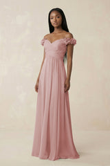 Pleated Off - the - Shoulder A - Line Chiffon Bridesmaid Dress in Dusty Rose - KissProm Bridesmaid Dresses