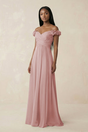 Pleated Off - the - Shoulder A - Line Chiffon Bridesmaid Dress in Dusty Rose - KissProm Bridesmaid Dresses