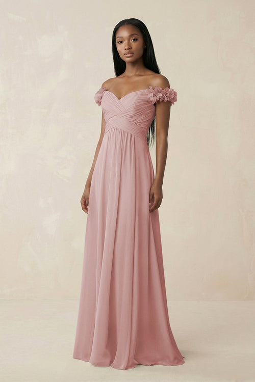 Pleated Off - the - Shoulder A - Line Chiffon Bridesmaid Dress in Dusty Rose - KissProm Bridesmaid Dresses