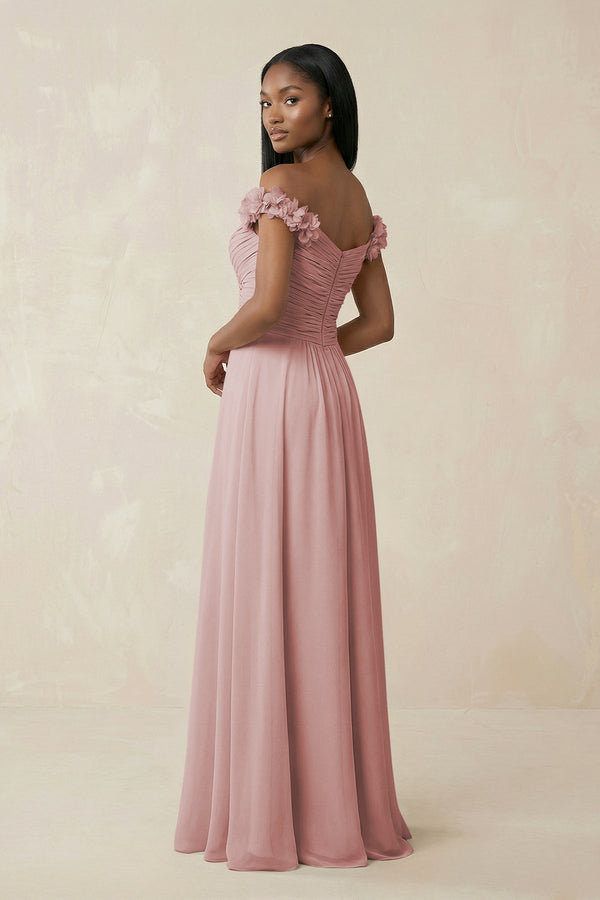 Pleated Off - the - Shoulder A - Line Chiffon Bridesmaid Dress in Dusty Rose - KissProm Bridesmaid Dresses