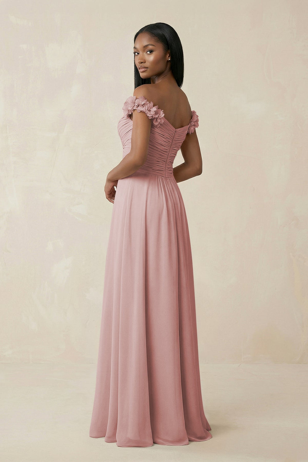 Pleated Off - the - Shoulder A - Line Chiffon Bridesmaid Dress in Dusty Rose - KissProm Bridesmaid Dresses