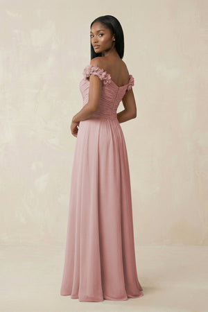 Pleated Off - the - Shoulder A - Line Chiffon Bridesmaid Dress in Dusty Rose - KissProm Bridesmaid Dresses