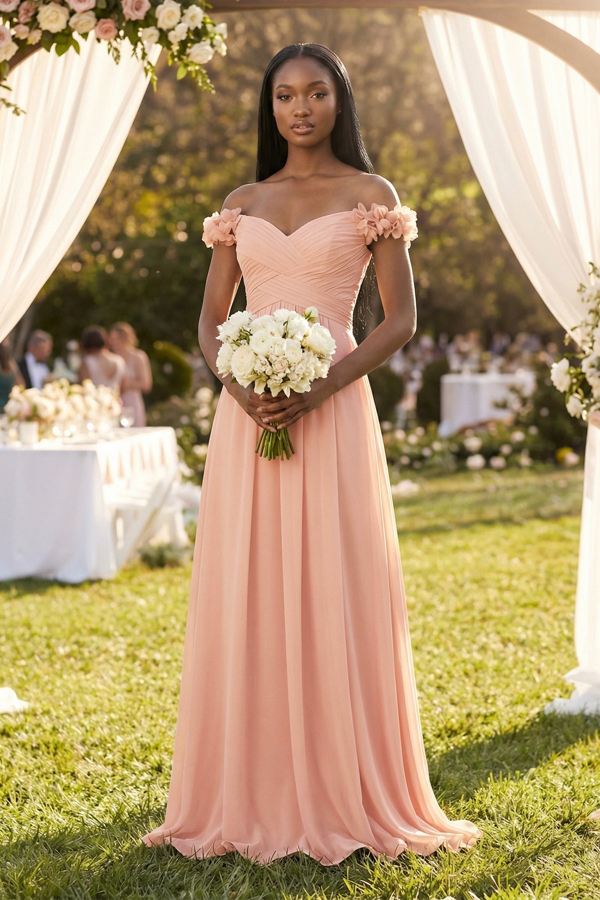 KissProm | Off-the-Shoulder Pleated Chiffon Bridesmaid Dress in