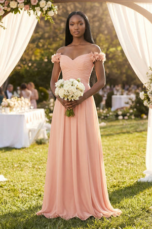 Pleated Off - the - Shoulder A - Line Chiffon Bridesmaid Dress in English Rose - KissProm Bridesmaid Dresses