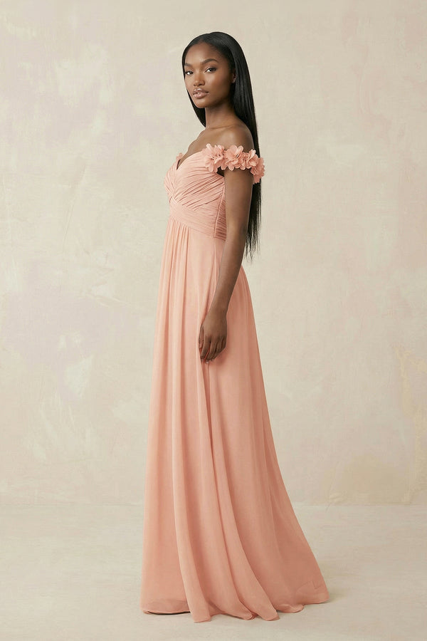Pleated Off - the - Shoulder A - Line Chiffon Bridesmaid Dress in English Rose - KissProm Bridesmaid Dresses