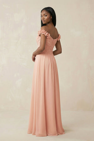 Pleated Off - the - Shoulder A - Line Chiffon Bridesmaid Dress in English Rose - KissProm Bridesmaid Dresses