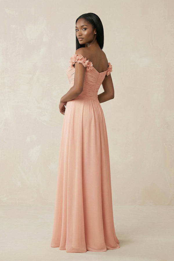 Pleated Off - the - Shoulder A - Line Chiffon Bridesmaid Dress in English Rose - KissProm Bridesmaid Dresses