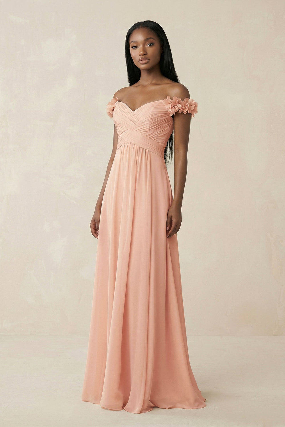 Pleated Off - the - Shoulder A - Line Chiffon Bridesmaid Dress in English Rose - KissProm Bridesmaid Dresses