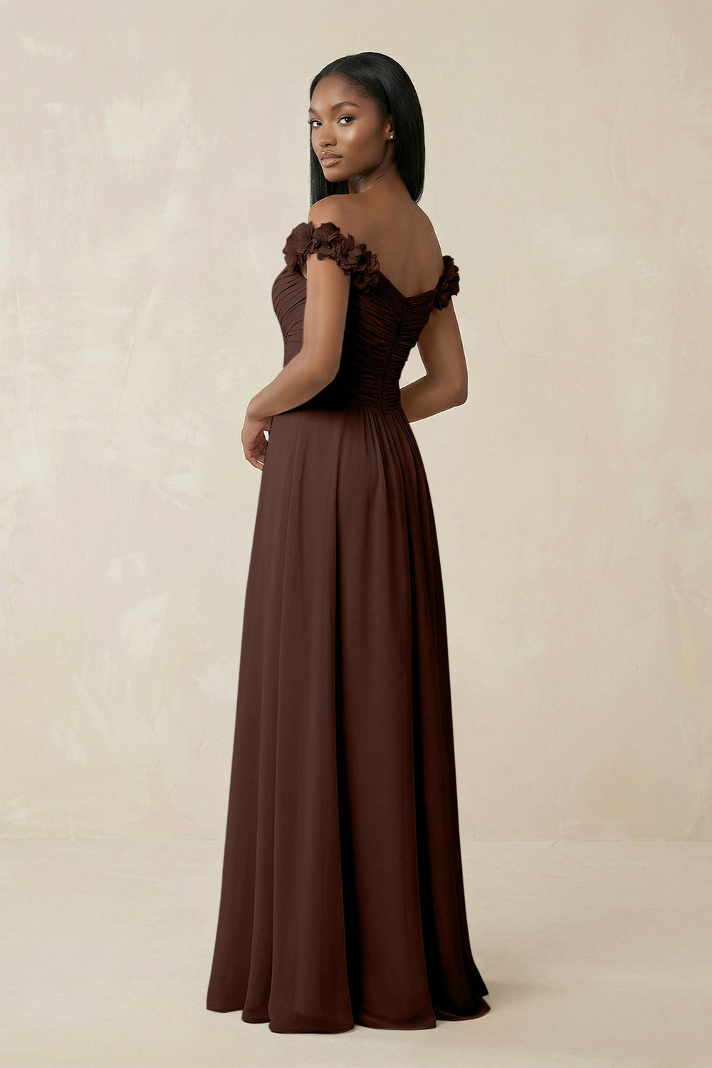 Pleated Off - the - Shoulder A - Line Chiffon Bridesmaid Dress in Espresso - KissProm Bridesmaid Dresses