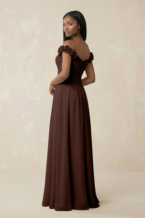 Pleated Off - the - Shoulder A - Line Chiffon Bridesmaid Dress in Espresso - KissProm Bridesmaid Dresses