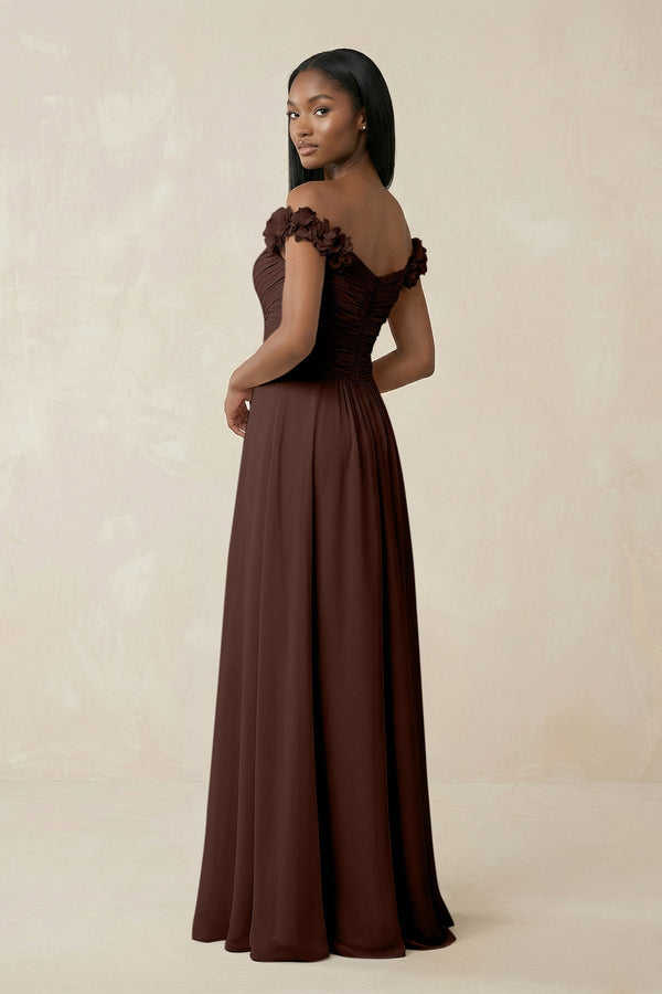 Pleated Off - the - Shoulder A - Line Chiffon Bridesmaid Dress in Espresso - KissProm Bridesmaid Dresses