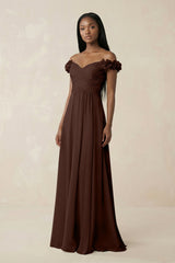 Pleated Off - the - Shoulder A - Line Chiffon Bridesmaid Dress in Espresso - KissProm Bridesmaid Dresses