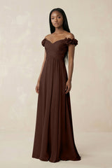 Pleated Off - the - Shoulder A - Line Chiffon Bridesmaid Dress in Espresso - KissProm Bridesmaid Dresses