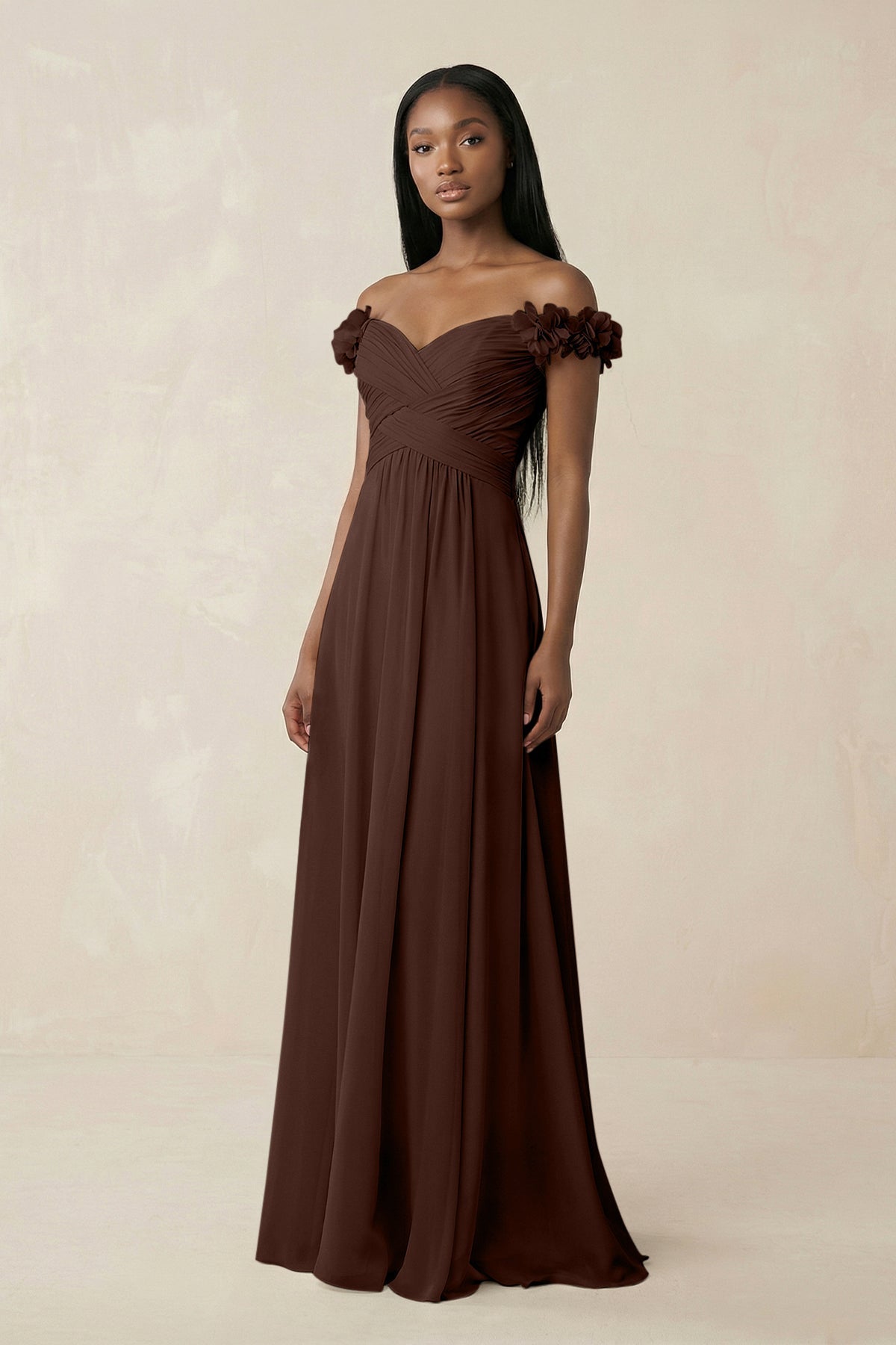 KissProm Pleated Off-the-Shoulder A-Line Chiffon Bridesmaid Dress in Espresso, Espresso / 28