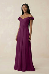 Pleated Off - the - Shoulder A - Line Chiffon Bridesmaid Dress in Fig - KissProm Bridesmaid Dresses