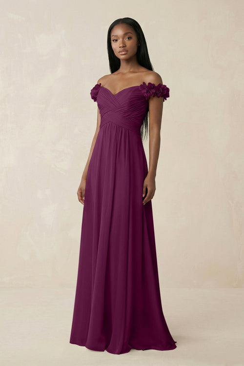 Pleated Off - the - Shoulder A - Line Chiffon Bridesmaid Dress in Fig - KissProm Bridesmaid Dresses