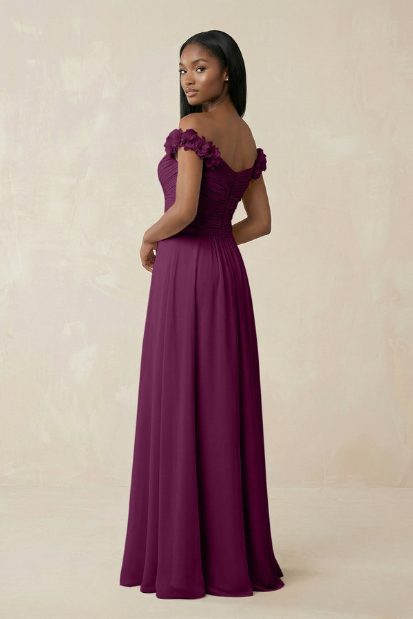 Pleated Off - the - Shoulder A - Line Chiffon Bridesmaid Dress in Fig - KissProm Bridesmaid Dresses