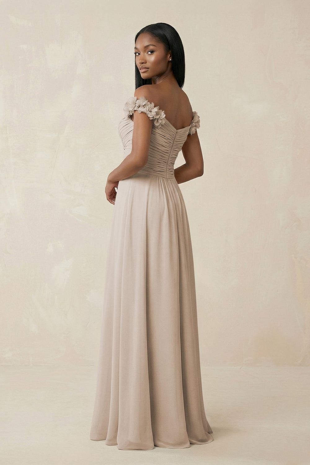 Pleated Off - the - Shoulder A - Line Chiffon Bridesmaid Dress in Frost - KissProm Bridesmaid Dresses
