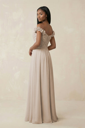 Pleated Off - the - Shoulder A - Line Chiffon Bridesmaid Dress in Frost - KissProm Bridesmaid Dresses