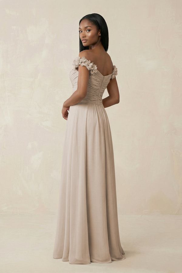 Pleated Off - the - Shoulder A - Line Chiffon Bridesmaid Dress in Frost - KissProm Bridesmaid Dresses