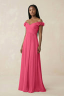 Pleated Off - the - Shoulder A - Line Chiffon Bridesmaid Dress in Fuchsia - KissProm Bridesmaid Dresses