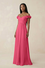 Pleated Off - the - Shoulder A - Line Chiffon Bridesmaid Dress in Fuchsia - KissProm Bridesmaid Dresses