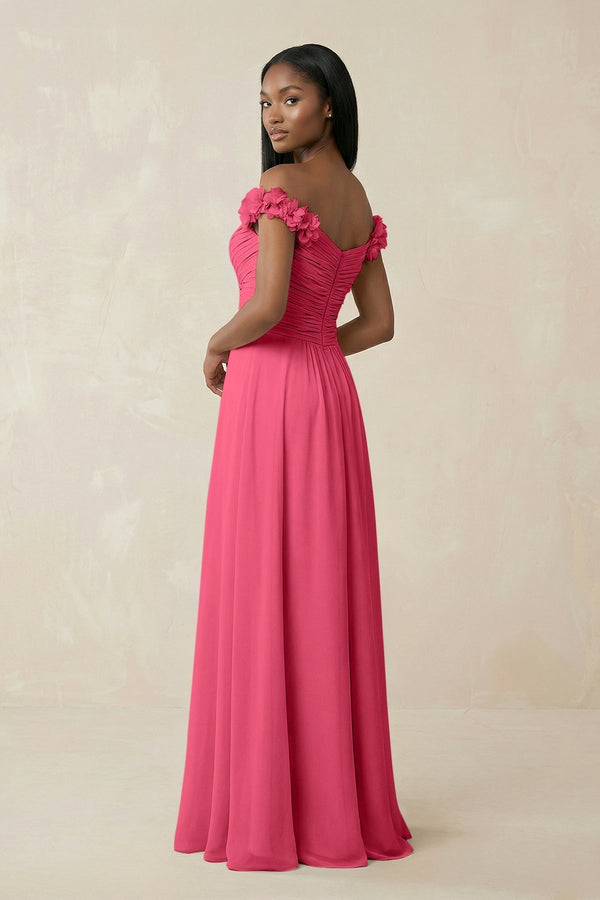 Pleated Off - the - Shoulder A - Line Chiffon Bridesmaid Dress in Fuchsia - KissProm Bridesmaid Dresses