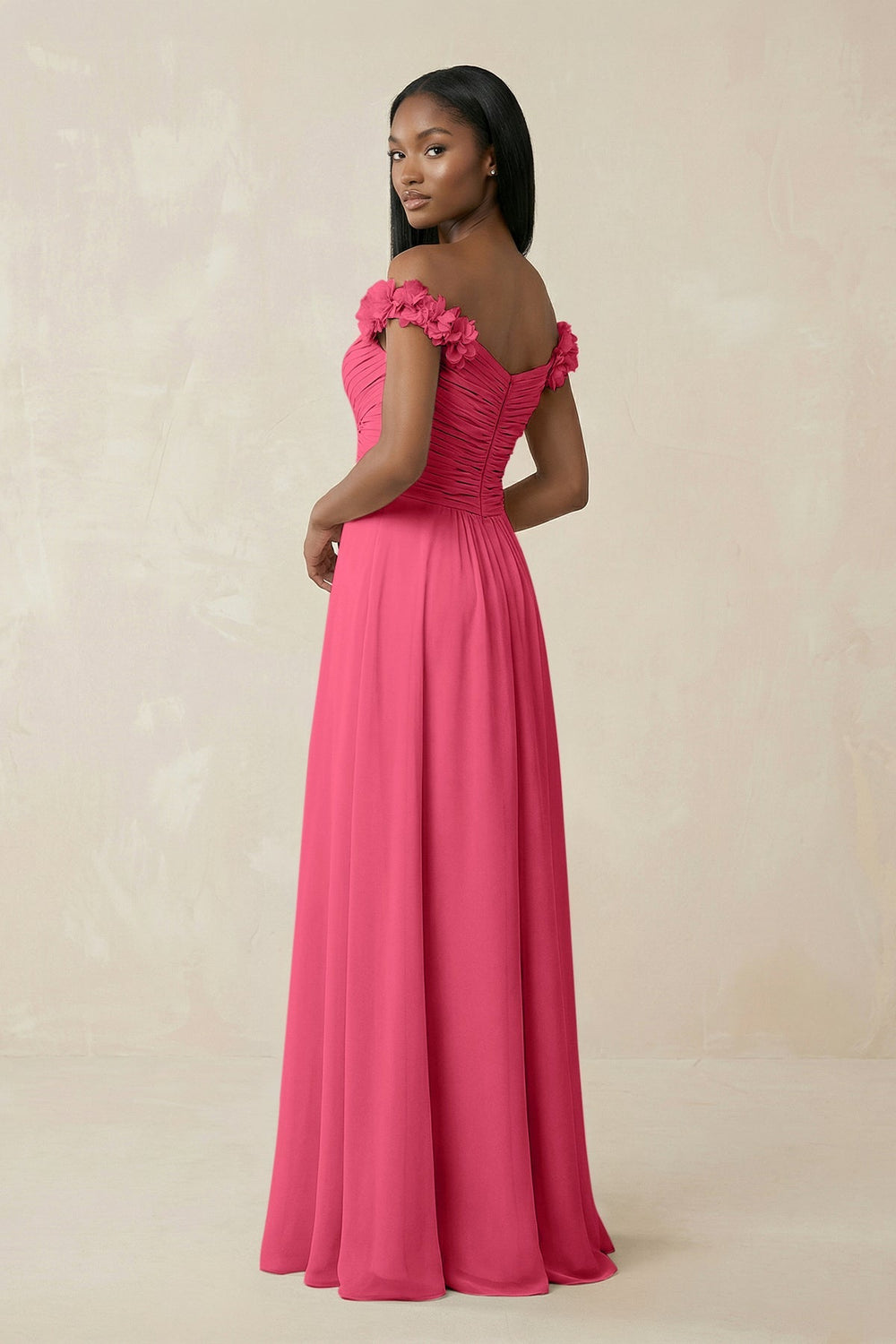 Pleated Off - the - Shoulder A - Line Chiffon Bridesmaid Dress in Fuchsia - KissProm Bridesmaid Dresses