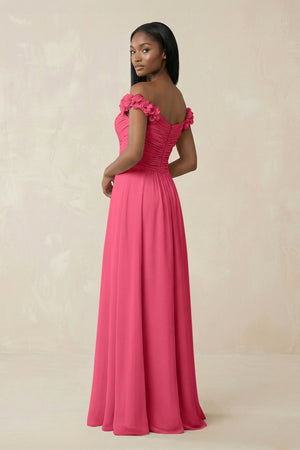 Pleated Off - the - Shoulder A - Line Chiffon Bridesmaid Dress in Fuchsia - KissProm Bridesmaid Dresses