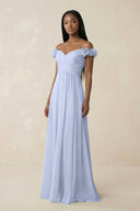 Pleated Off - the - Shoulder A - Line Chiffon Bridesmaid Dress in Ice - KissProm Bridesmaid Dresses