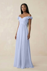 Pleated Off - the - Shoulder A - Line Chiffon Bridesmaid Dress in Ice - KissProm Bridesmaid Dresses