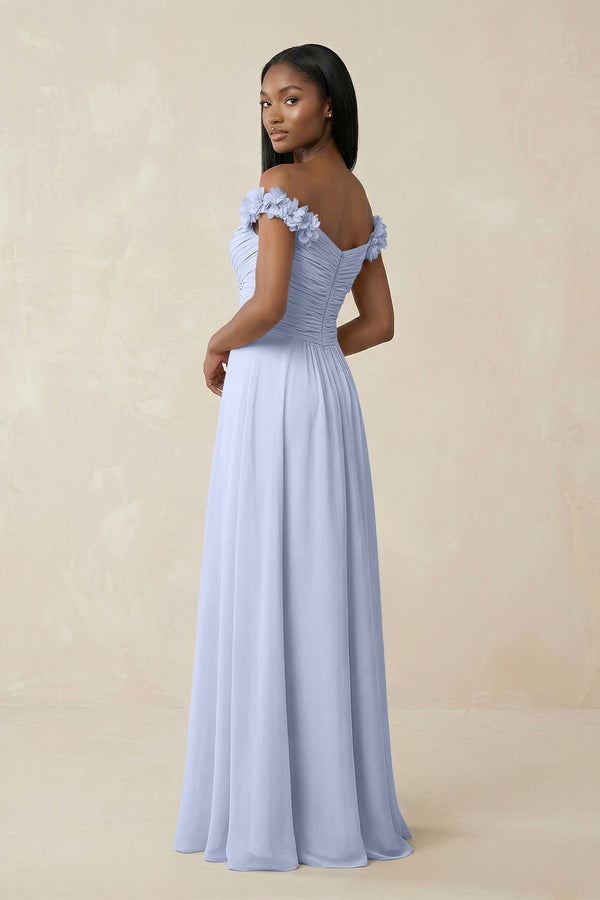 Pleated Off - the - Shoulder A - Line Chiffon Bridesmaid Dress in Ice - KissProm Bridesmaid Dresses