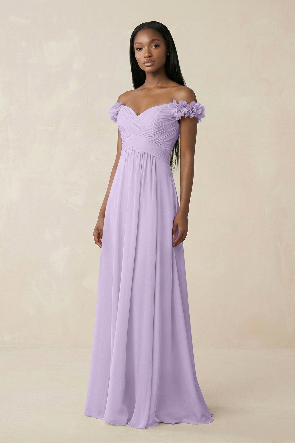 KissProm Pleated Off-the-Shoulder A-Line Chiffon Bridesmaid Dress in Lavender, Lavender / 2