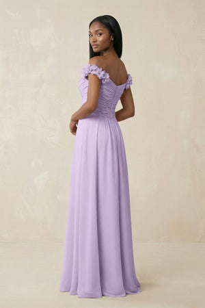 Pleated Off - the - Shoulder A - Line Chiffon Bridesmaid Dress in Lavender - KissProm Bridesmaid Dresses