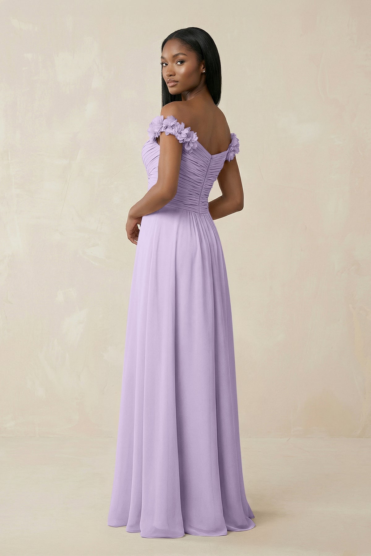 KissProm Pleated Off-the-Shoulder A-Line Chiffon Bridesmaid Dress in Lavender, Lavender / 2