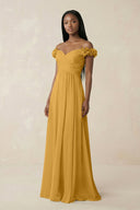 Pleated Off - the - Shoulder A - Line Chiffon Bridesmaid Dress in Marigold - KissProm Bridesmaid Dresses