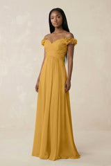 Pleated Off - the - Shoulder A - Line Chiffon Bridesmaid Dress in Marigold - KissProm Bridesmaid Dresses