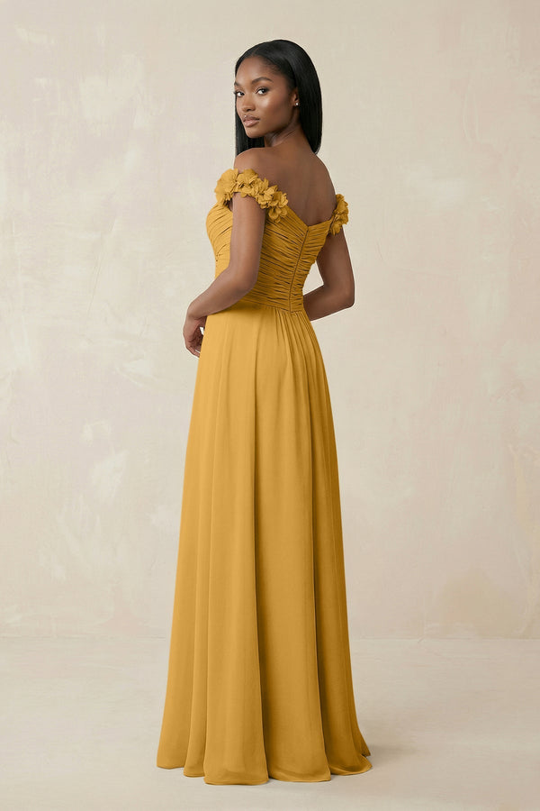 Pleated Off - the - Shoulder A - Line Chiffon Bridesmaid Dress in Marigold - KissProm Bridesmaid Dresses