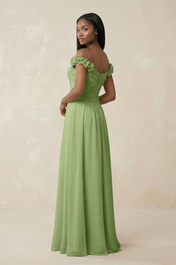 Pleated Off - the - Shoulder A - Line Chiffon Bridesmaid Dress in Matcha - KissProm Bridesmaid Dresses