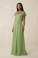 Pleated Off - the - Shoulder A - Line Chiffon Bridesmaid Dress in Matcha - KissProm Bridesmaid Dresses