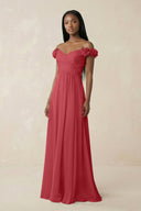 Pleated Off - the - Shoulder A - Line Chiffon Bridesmaid Dress in Merlot - KissProm Bridesmaid Dresses