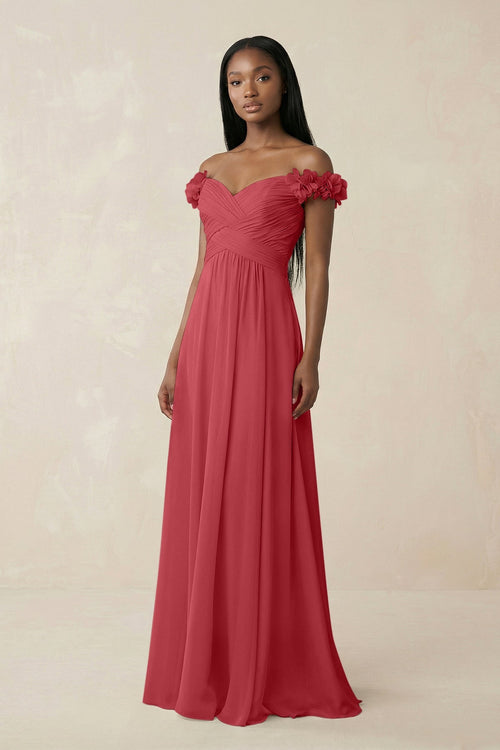 Pleated Off - the - Shoulder A - Line Chiffon Bridesmaid Dress in Merlot - KissProm Bridesmaid Dresses