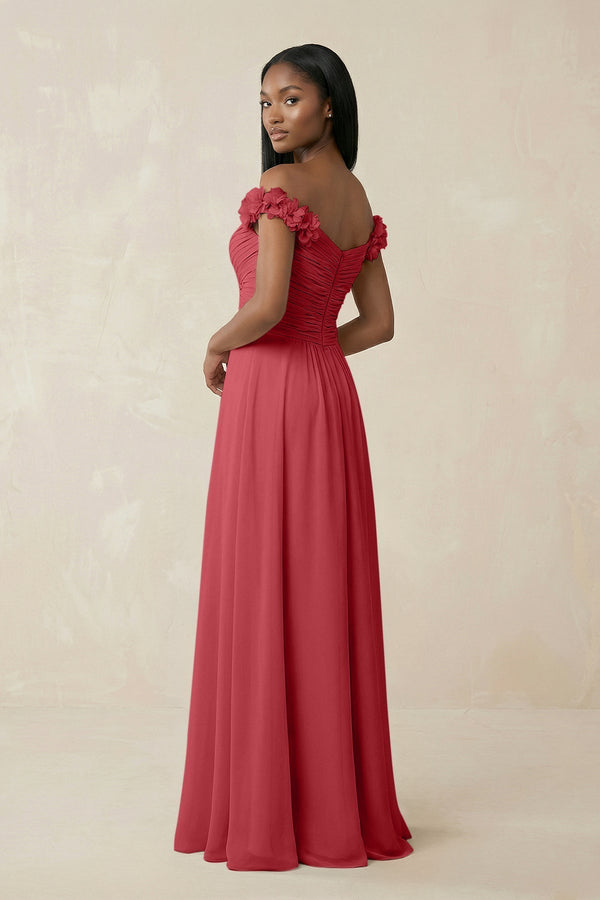 Pleated Off - the - Shoulder A - Line Chiffon Bridesmaid Dress in Merlot - KissProm Bridesmaid Dresses