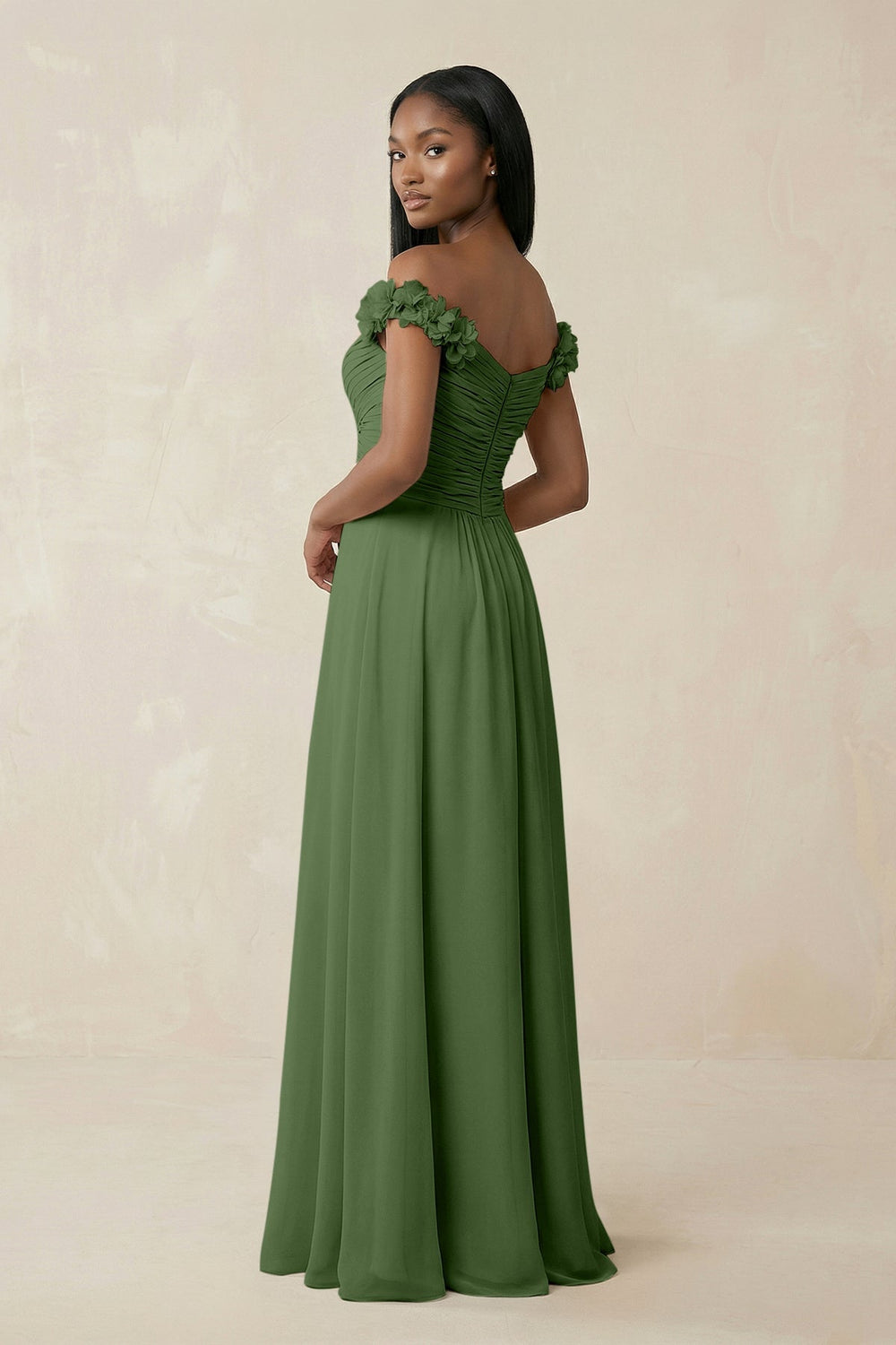 Pleated Off - the - Shoulder A - Line Chiffon Bridesmaid Dress in Moss - KissProm Bridesmaid Dresses