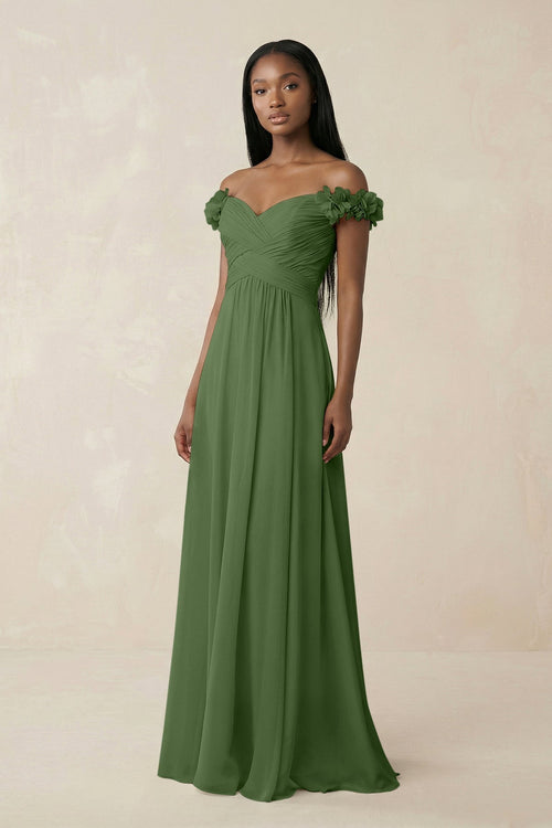 Pleated Off - the - Shoulder A - Line Chiffon Bridesmaid Dress in Moss - KissProm Bridesmaid Dresses