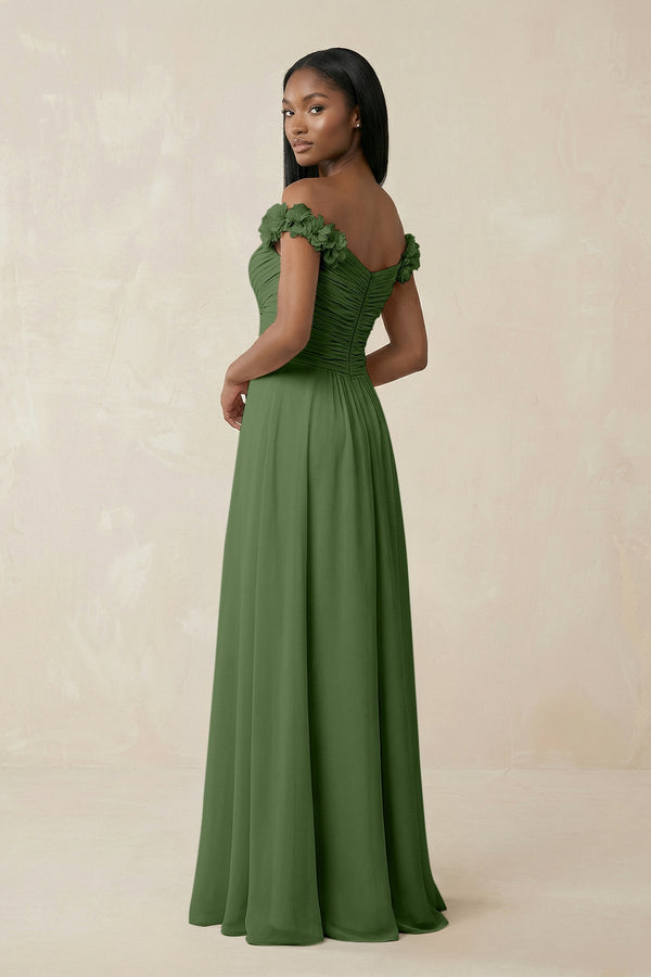 Pleated Off - the - Shoulder A - Line Chiffon Bridesmaid Dress in Moss - KissProm Bridesmaid Dresses