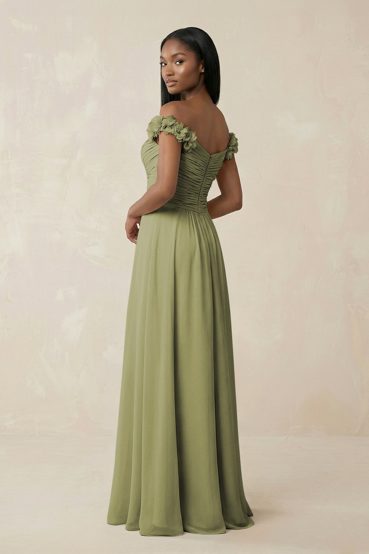 KissProm Pleated Off-the-Shoulder A-Line Chiffon Bridesmaid Dress in Moss Green, Moss Green / 20